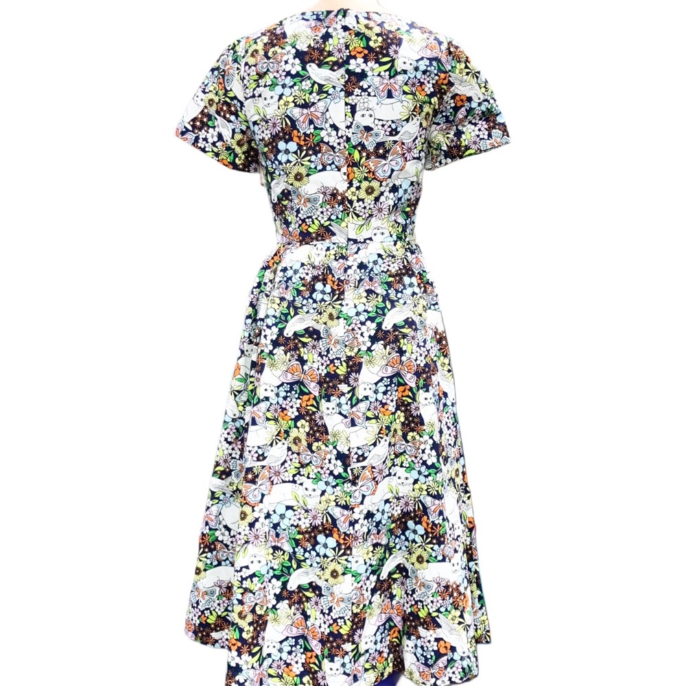 ModCloth Fit & Flare Midi Dress Retro 50s Blue Whimsical Floral Cat Cotton Sz 0 - Picture 3 of 8